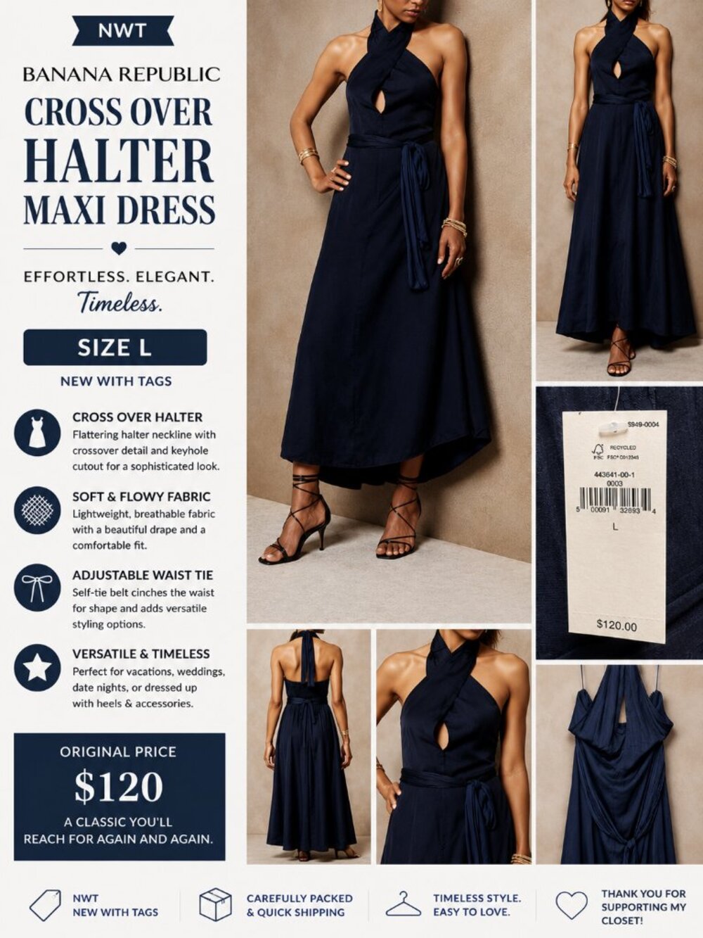 NWT Banana Republic Cross Over Halter Maxi Dress L Navy Keyhole Tie Waist